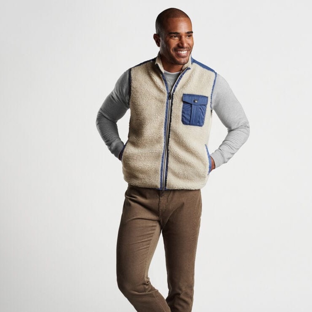 PETER MILLAR Men’s Autumn Pile Fleece Full-Zip Vest Sandstone Beige/Blue Sz XL